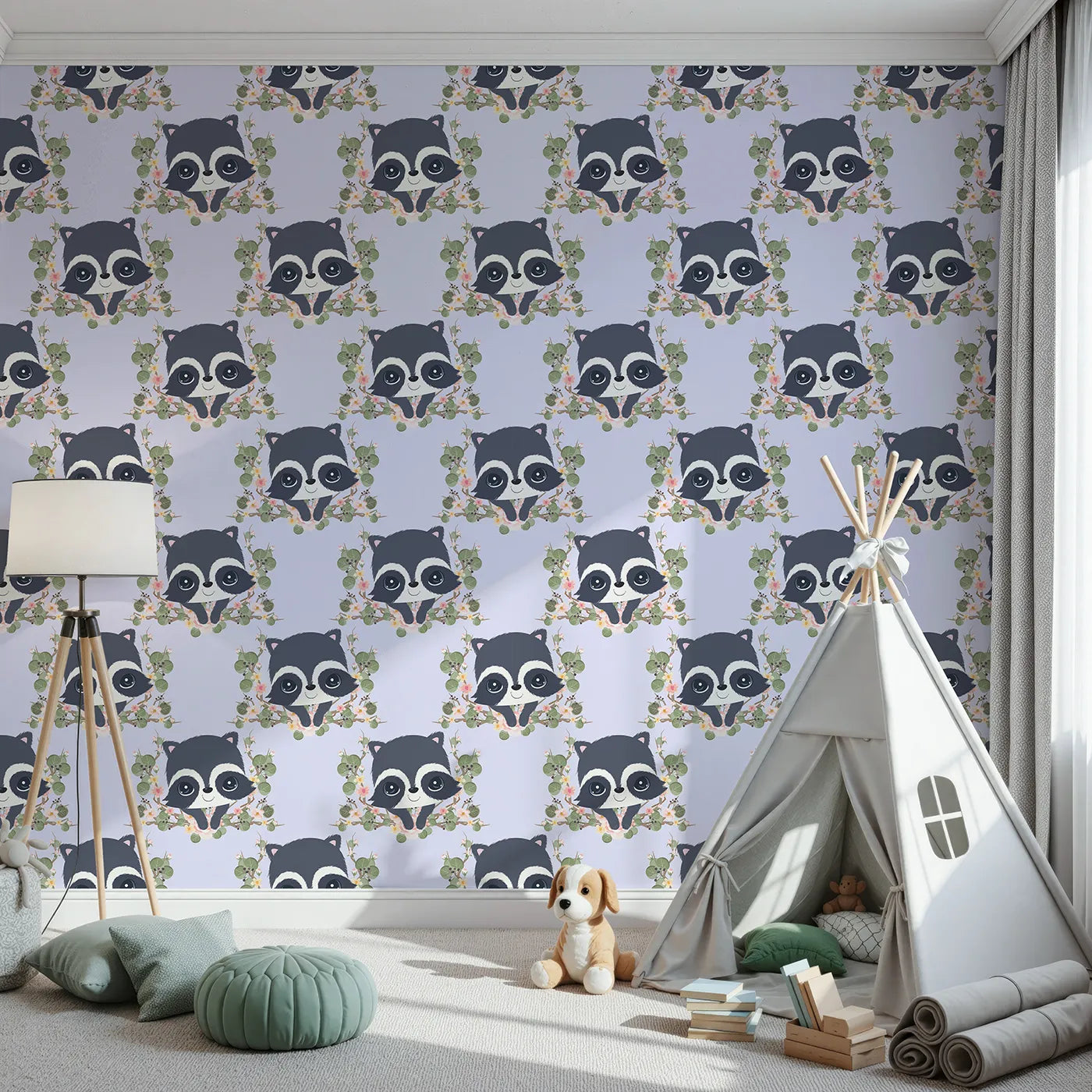 Front view of Whimsy Tots' Floral Raccoon Peek Wallpaper in Lavender Mist