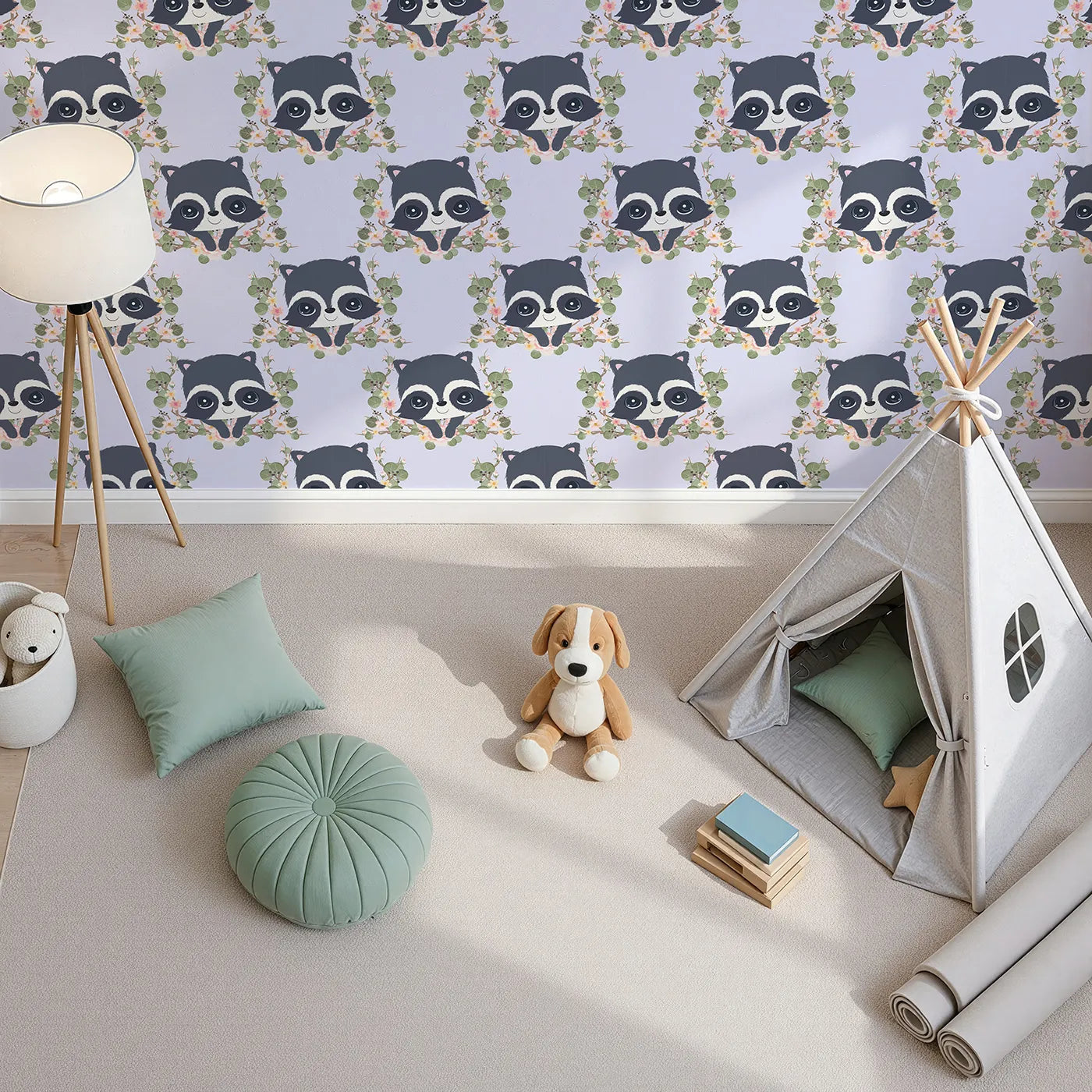 Top-Down view of Whimsy Tots' Floral Raccoon Peek Wallpaper in Lavender Mist (W3106E).Curious raccoons peek through lavender-toned blooms and leafy vines.