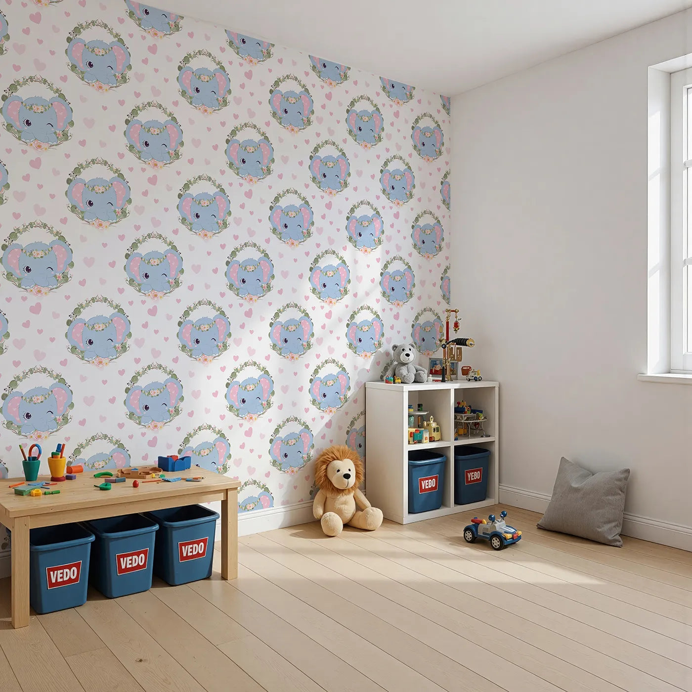 Angled view of Whimsy Tots' Floral Elephant Wink Wallpaper in Sweetheart Pink (W3107A).Winking elephants and heart-filled skies make every wall smile.