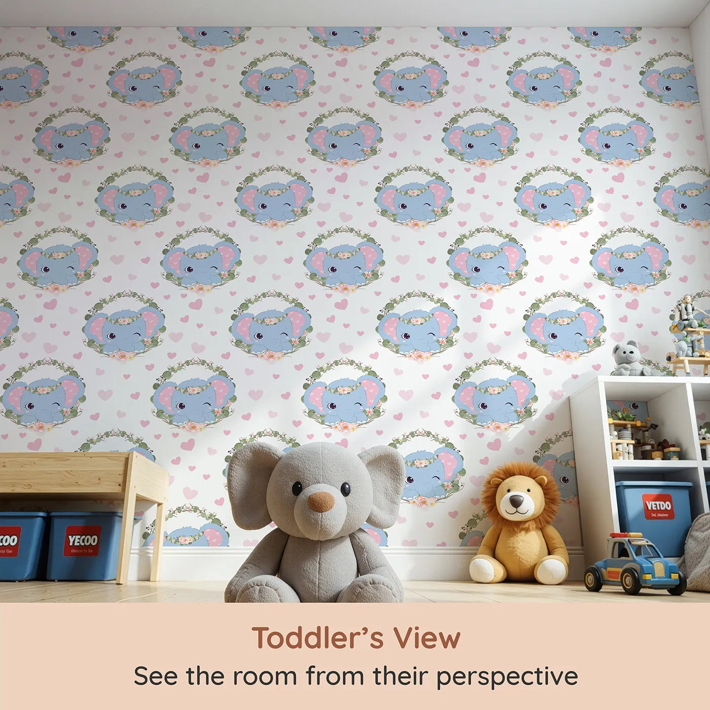 Whimsy Tots Floral Elephant Wink Wallpaper in Sweetheart Pink (W3107A) from your child's view.Winking elephants and heart-filled skies make every wall smile.