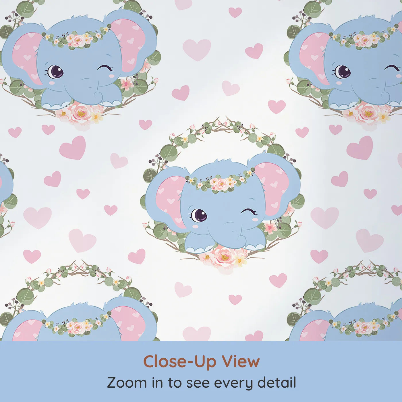 Close-up view of Whimsy Tots' Floral Elephant Wink Wallpaper in Sweetheart Pink (W3107A).Winking elephants and heart-filled skies make every wall smile.