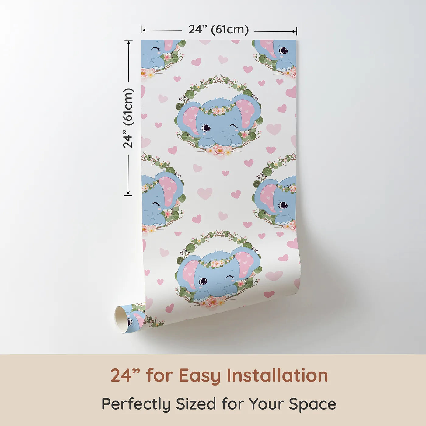 Dimension view of Whimsy Tots Floral Elephant Wink Wallpaper in Sweetheart Pink (W3107A). Printed in 24-inch-wide panel for easy installation. Winking elephants and heart-filled skies make every wall smile.