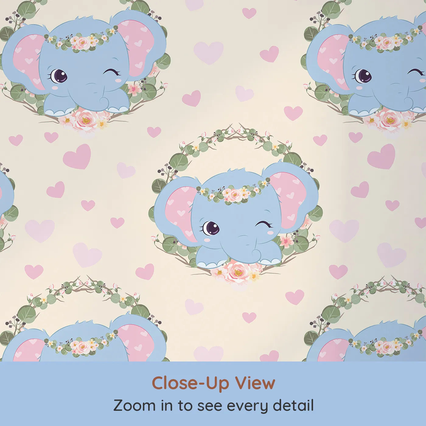 Close-up view of Whimsy Tots' Floral Elephant Wink Wallpaper in Vanilla Cream (W3107B).Smiling elephants and pink hearts bring soft joy to a creamy dreamscape.