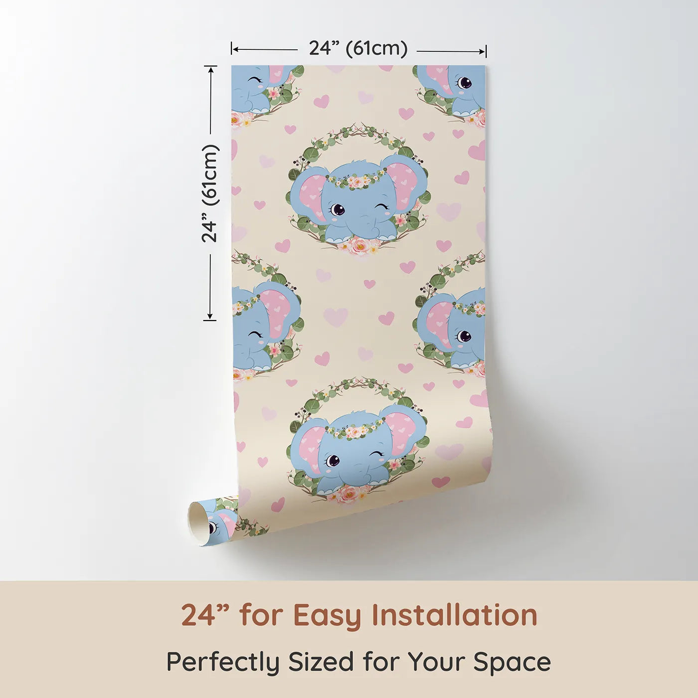 Dimension view of Whimsy Tots Floral Elephant Wink Wallpaper in Vanilla Cream (W3107B). Printed in 24-inch-wide panel for easy installation. Smiling elephants and pink hearts bring soft joy to a creamy dreamscape.