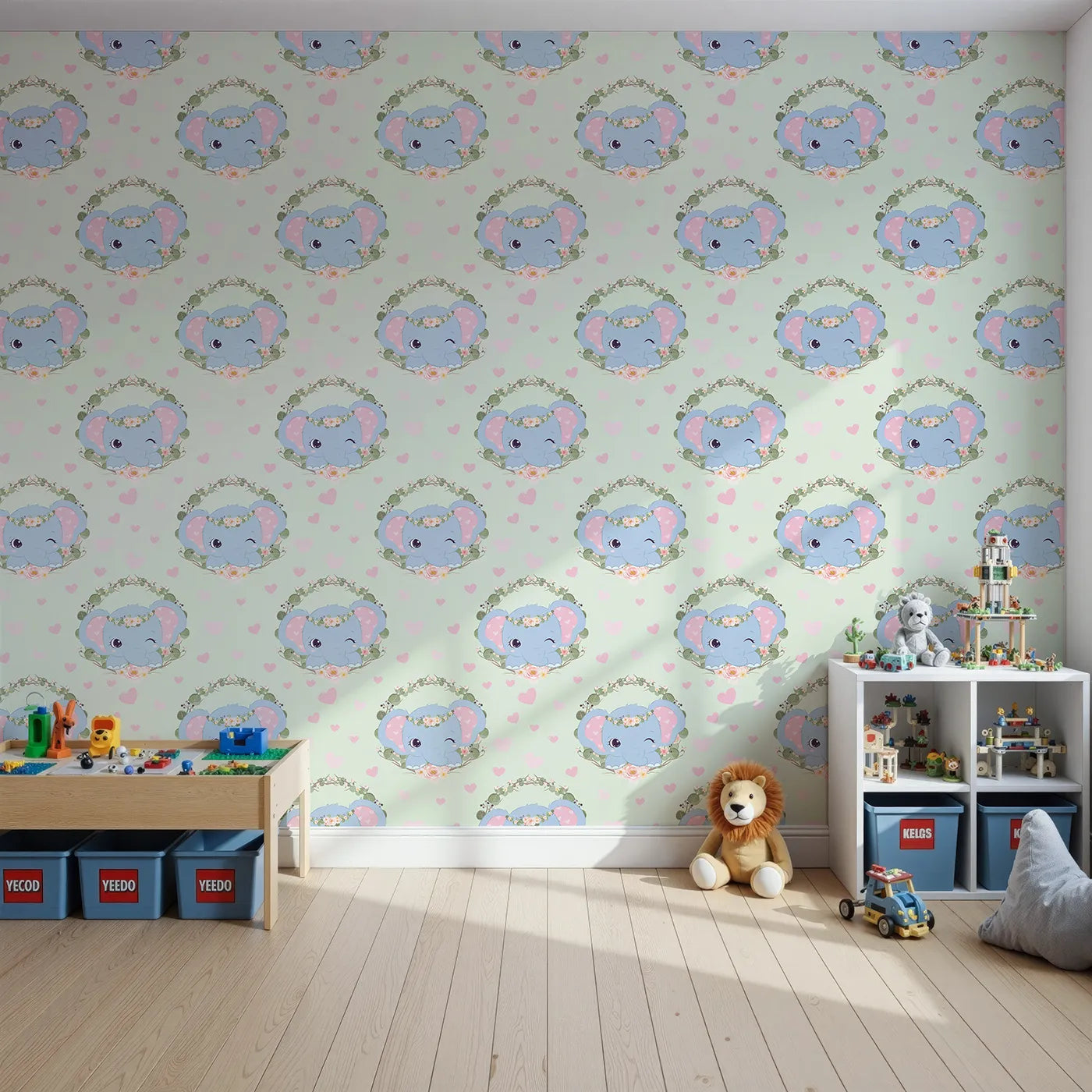 Front view of Whimsy Tots' Floral Elephant Wink Wallpaper in Minty Meadow Green