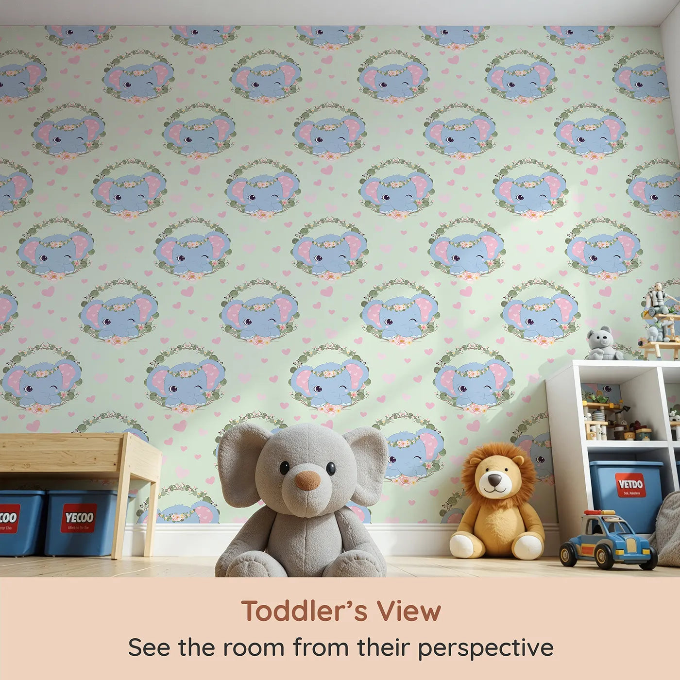 Whimsy Tots Floral Elephant Wink Wallpaper in Minty Meadow Green (W3107C) from your child's view.Hearts and petals flutter around a winking elephant in minty green calm.
