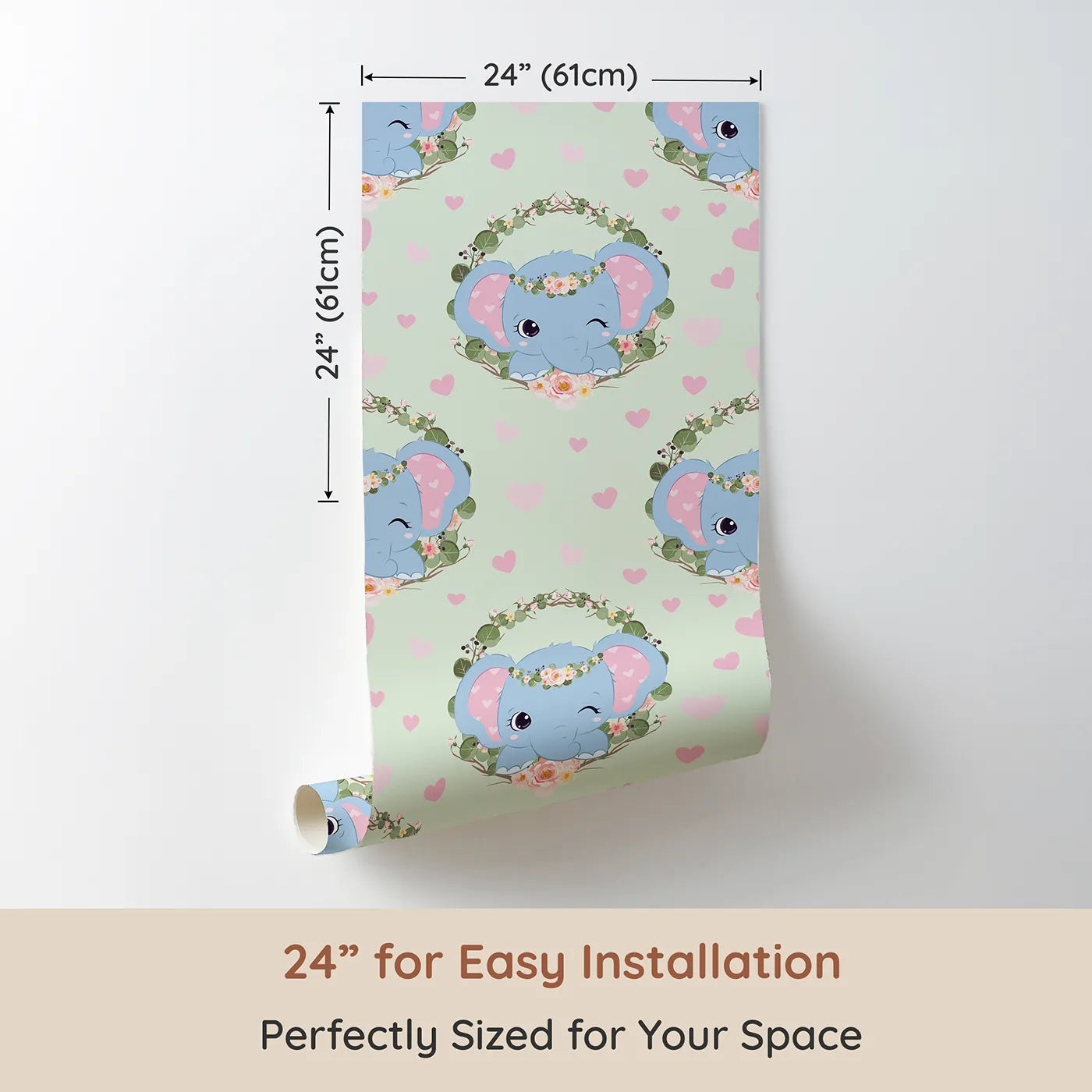 Dimension view of Whimsy Tots Floral Elephant Wink Wallpaper in Minty Meadow Green (W3107C). Printed in 24-inch-wide panel for easy installation. Hearts and petals flutter around a winking elephant in minty green calm.