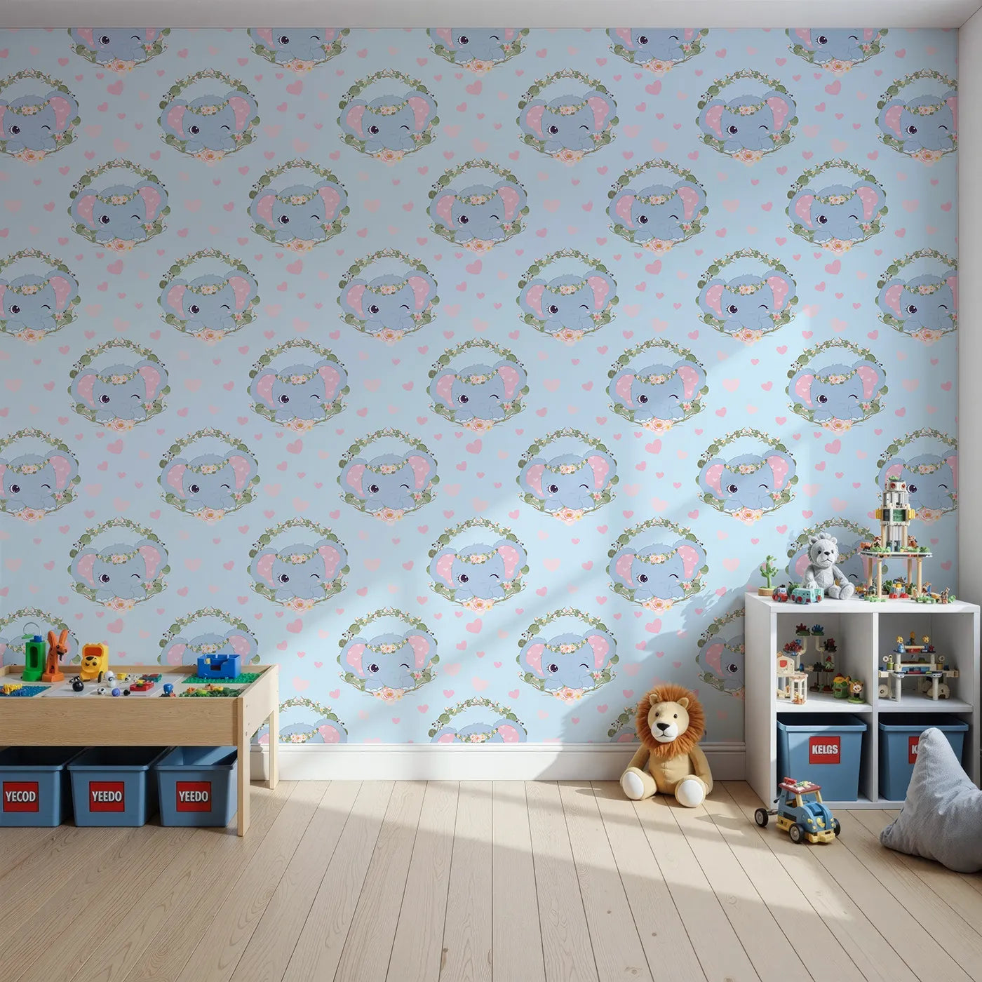 Front view of Whimsy Tots' Floral Elephant Wink Wallpaper in Sky Blue