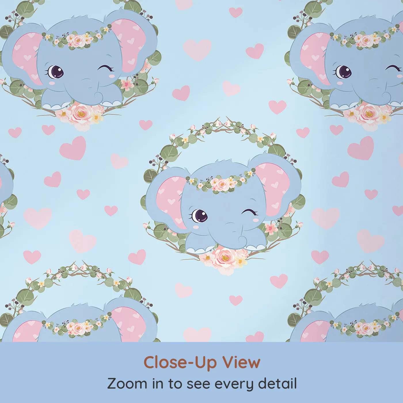 Close-up view of Whimsy Tots' Floral Elephant Wink Wallpaper in Sky Blue (W3107D).Blue skies, pink hearts, and playful trunks bring smiles all around.