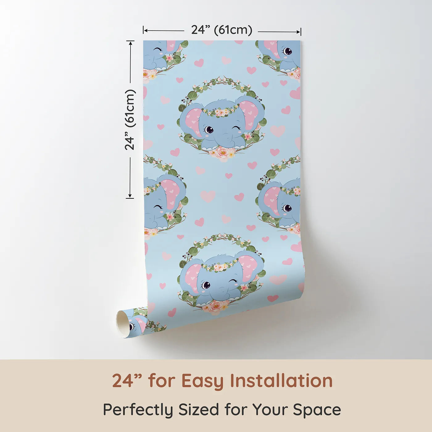 Dimension view of Whimsy Tots Floral Elephant Wink Wallpaper in Sky Blue (W3107D). Printed in 24-inch-wide panel for easy installation. Blue skies, pink hearts, and playful trunks bring smiles all around.