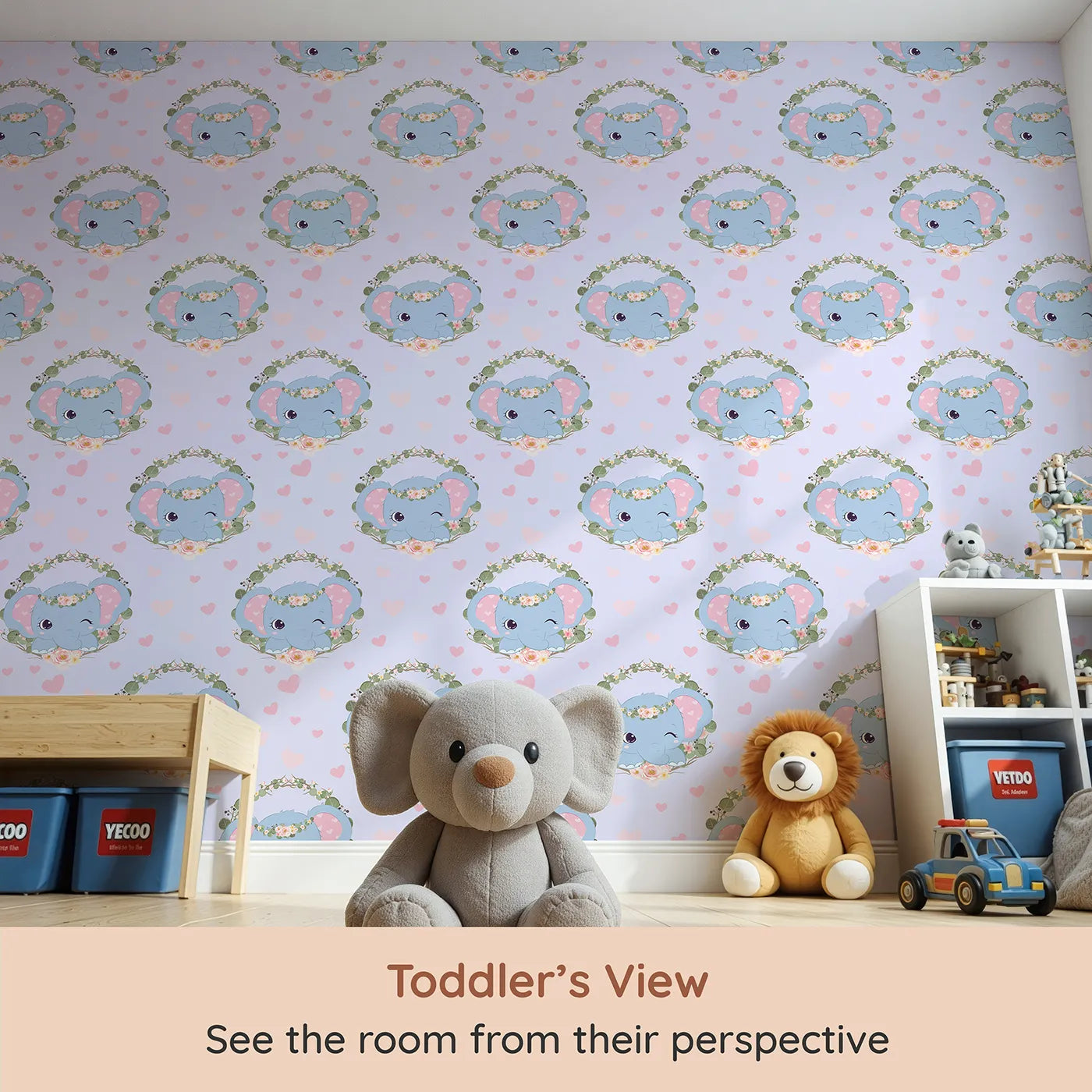 Whimsy Tots Floral Elephant Wink Wallpaper in Lilac Whisper Lavender (W3107E) from your child's view.Winking elephants and soft lilac hearts whisper calming magic.