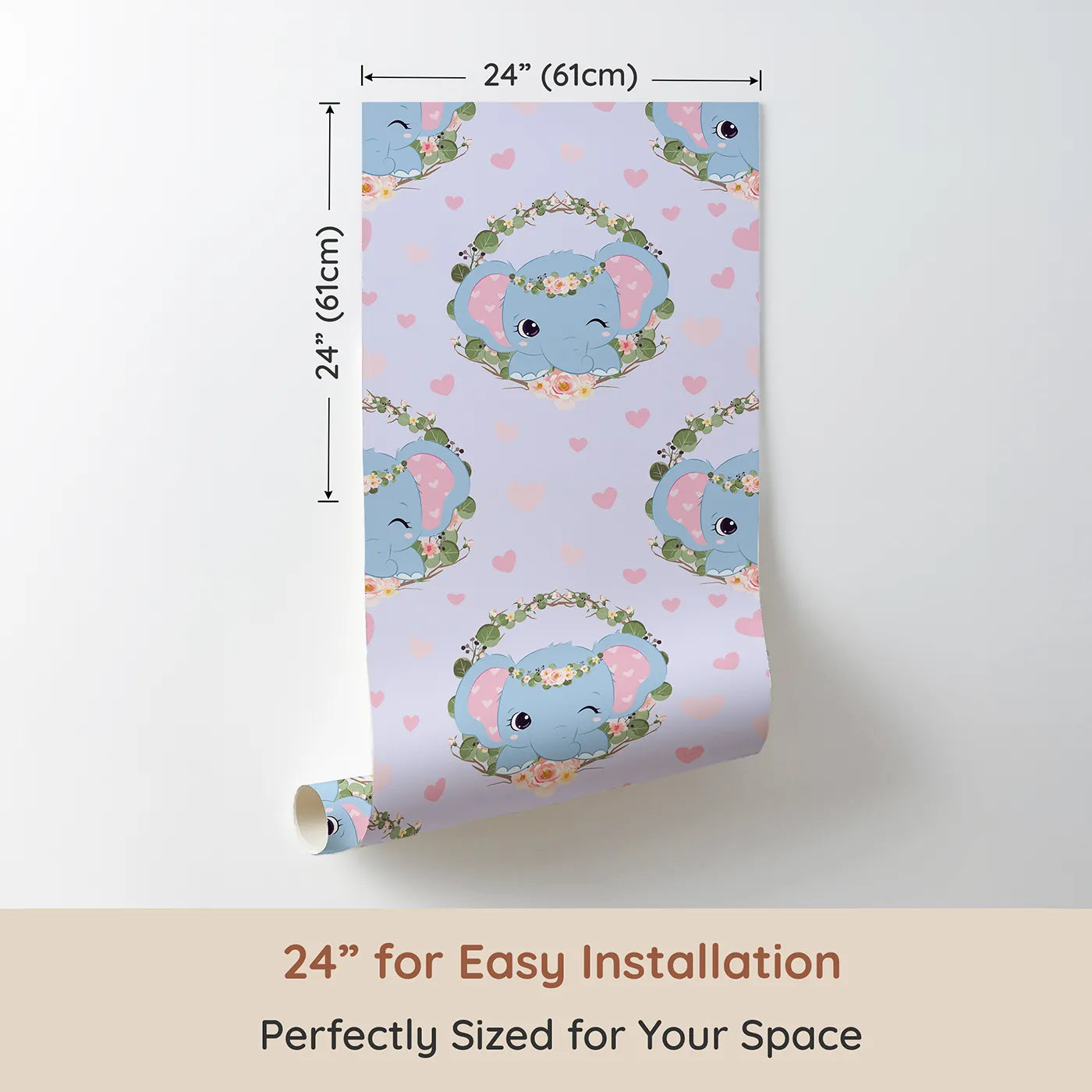 Dimension view of Whimsy Tots Floral Elephant Wink Wallpaper in Lilac Whisper Lavender (W3107E). Printed in 24-inch-wide panel for easy installation. Winking elephants and soft lilac hearts whisper calming magic.