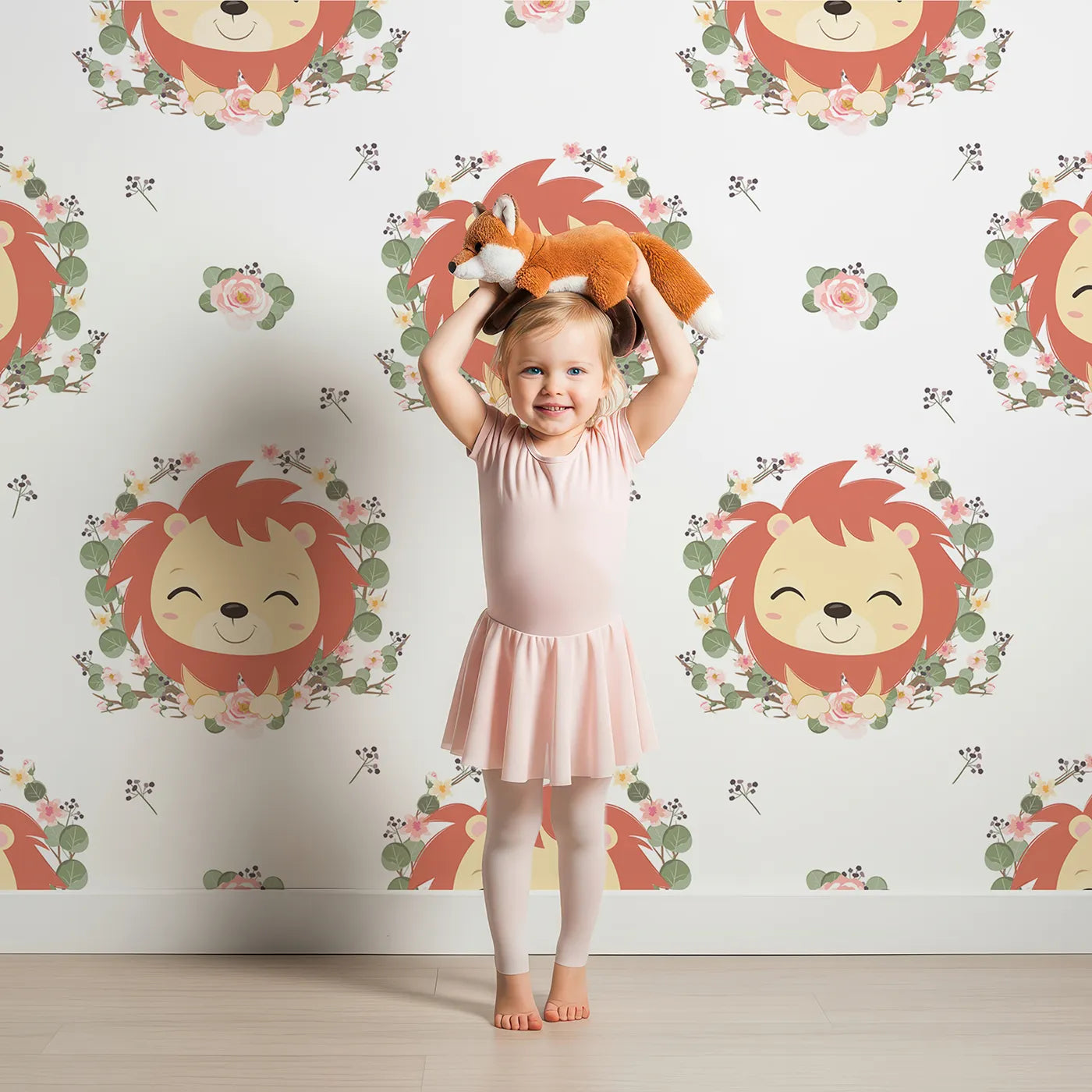 Lovely child standing in front of Whimsy Tots Little Lion Blossom Parade Wallpaper in Soft White with lion, flower, wreath, leaf, blossom in design.
