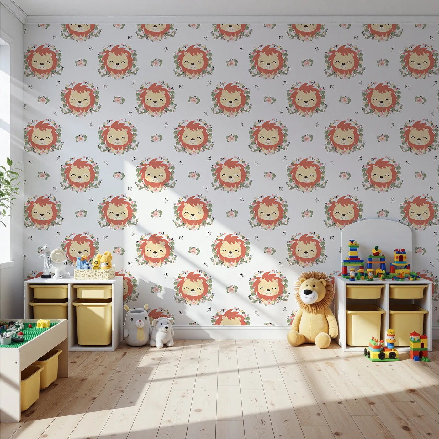 Front view of Whimsy Tots' Little Lion Blossom Parade Wallpaper in Soft White