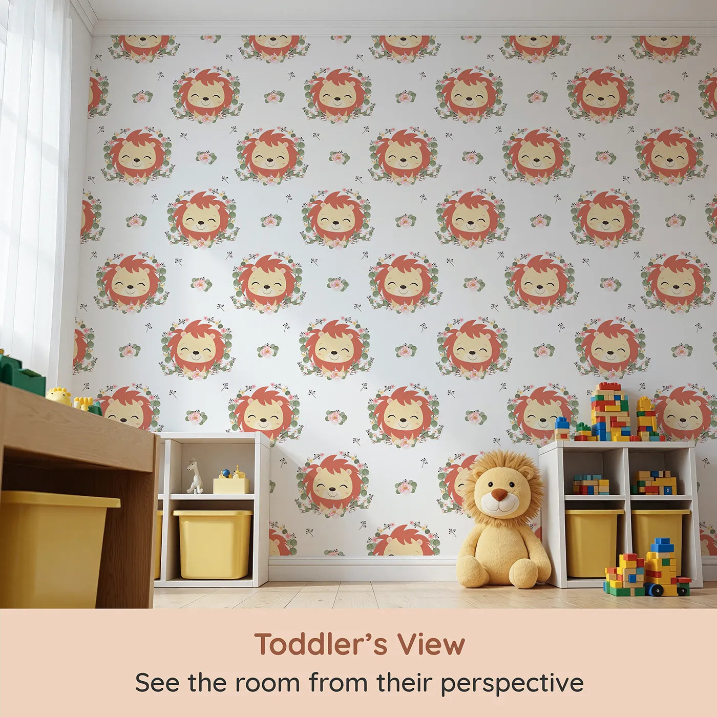 Whimsy Tots Little Lion Blossom Parade Wallpaper in Soft White (W3108A) from your child's view.Smiling lion cubs and blooming florals create a brave and gentle hideaway.