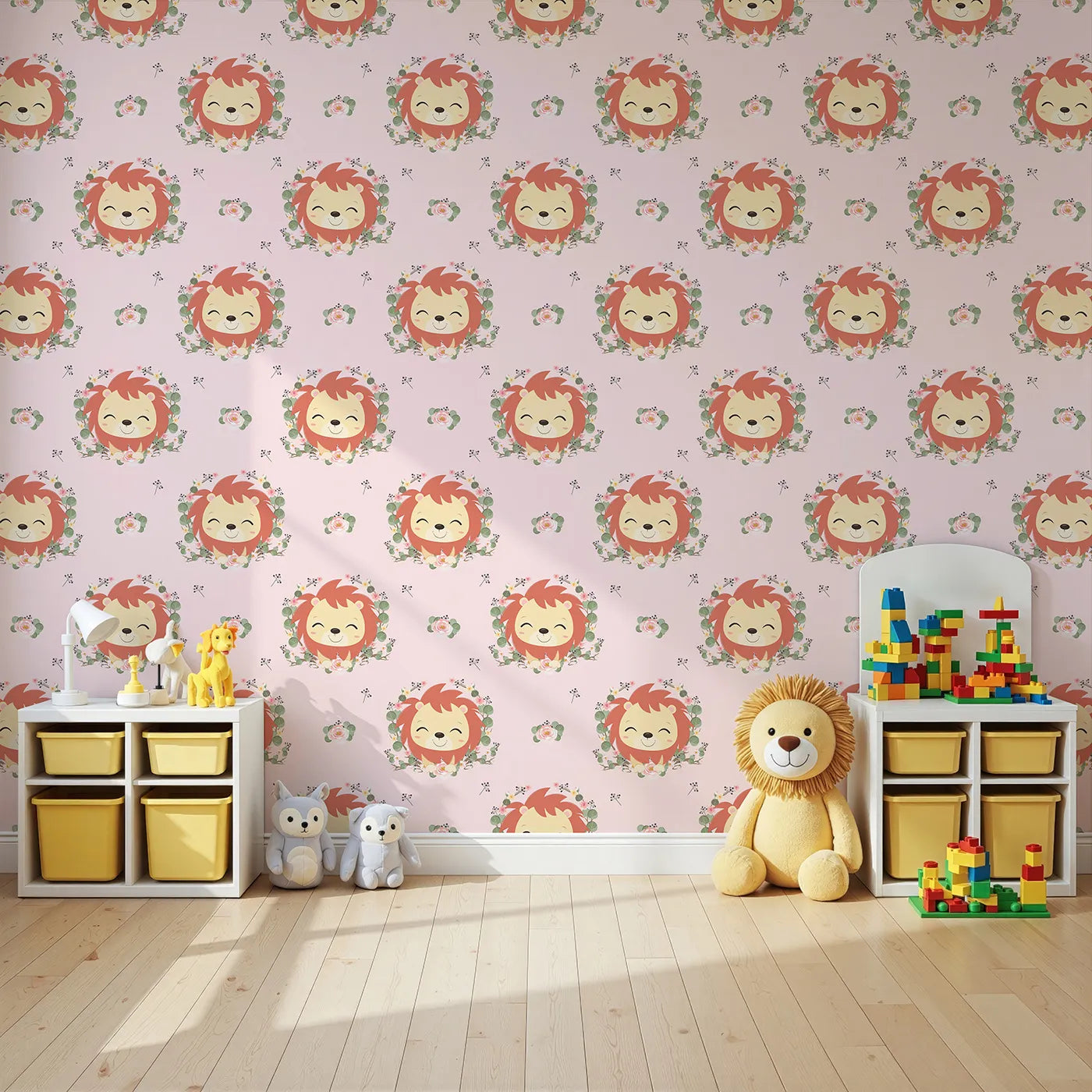 Angled view of Whimsy Tots' Little Lion Blossom Parade Wallpaper in Blush Petal Pink (W3108B).Smiling lion cubs and blooming florals create a brave and gentle hideaway.