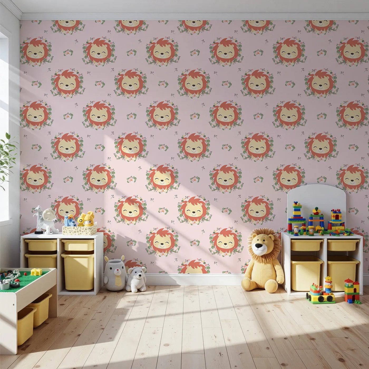 Front view of Whimsy Tots' Little Lion Blossom Parade Wallpaper in Blush Petal Pink