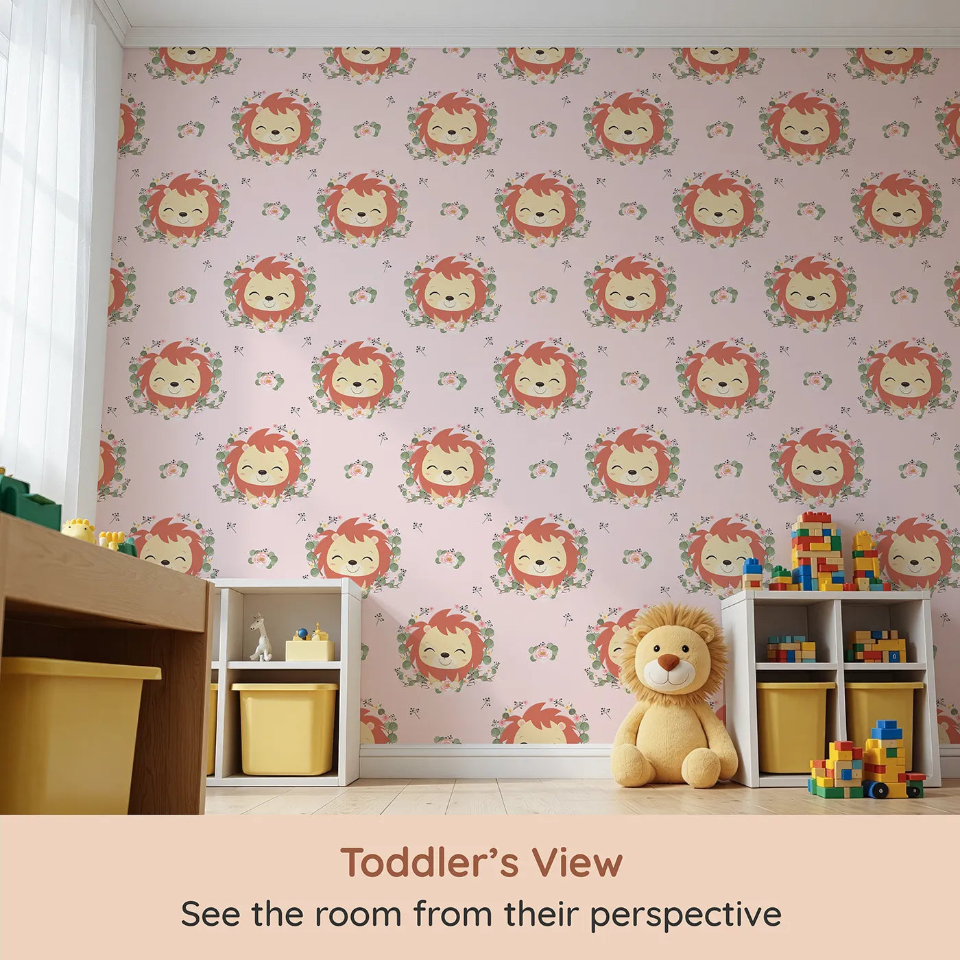 Whimsy Tots Little Lion Blossom Parade Wallpaper in Blush Petal Pink (W3108B) from your child's view.Smiling lion cubs and blooming florals create a brave and gentle hideaway.