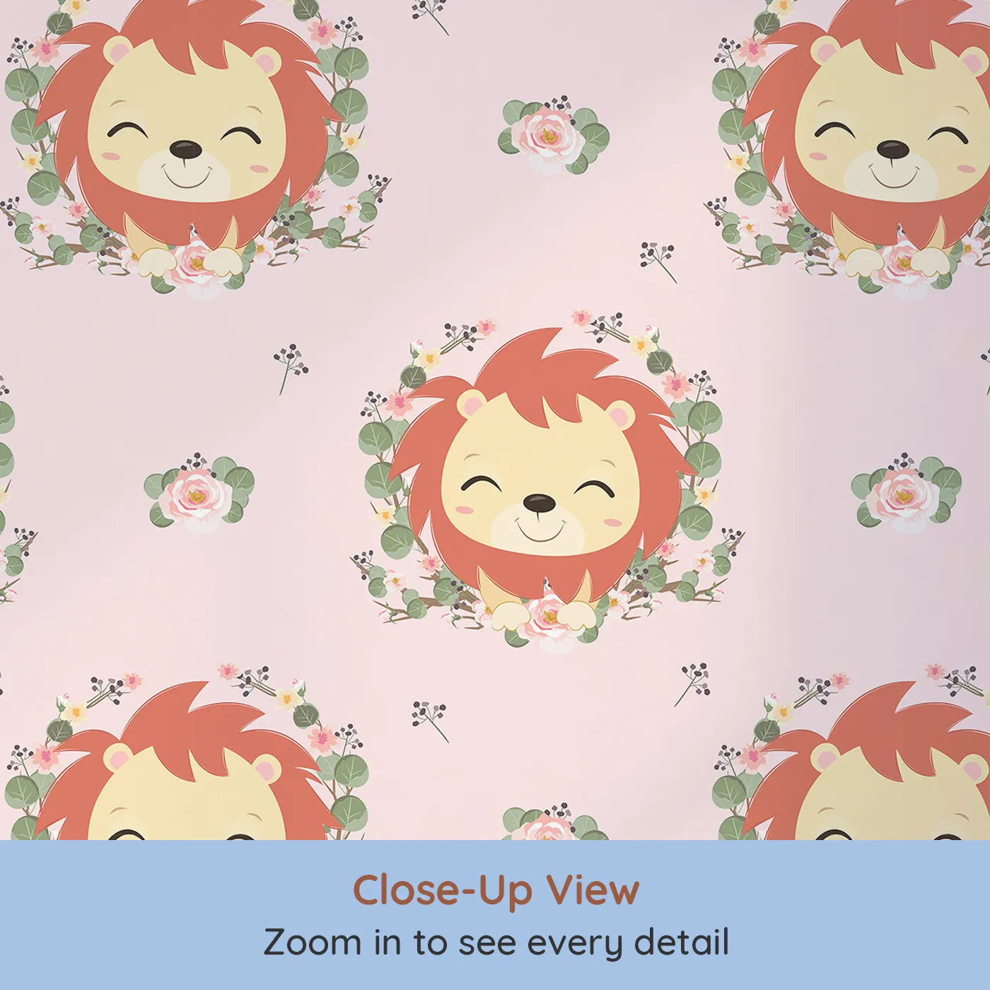 Close-up view of Whimsy Tots' Little Lion Blossom Parade Wallpaper in Blush Petal Pink (W3108B).Smiling lion cubs and blooming florals create a brave and gentle hideaway.