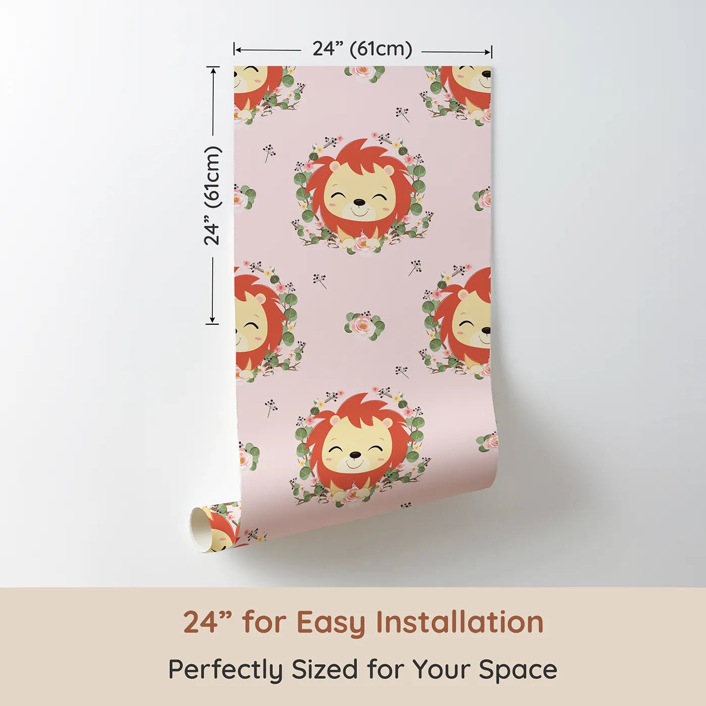 Dimension view of Whimsy Tots Little Lion Blossom Parade Wallpaper in Blush Petal Pink (W3108B). Printed in 24-inch-wide panel for easy installation. Smiling lion cubs and blooming florals create a brave and gentle hideaway.