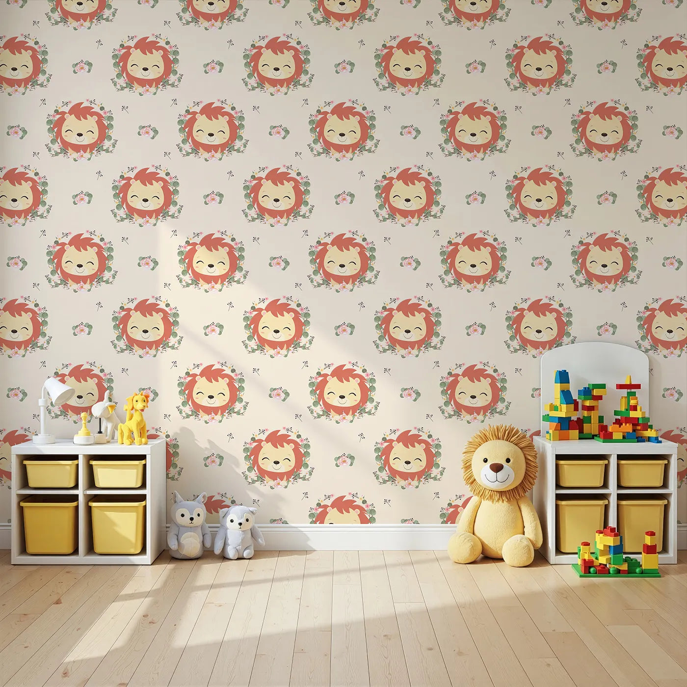 Angled view of Whimsy Tots' Little Lion Blossom Parade Wallpaper in Cream Delight (W3108C).Smiling lion cubs and pastel florals create a gentle space full of courage and calm.