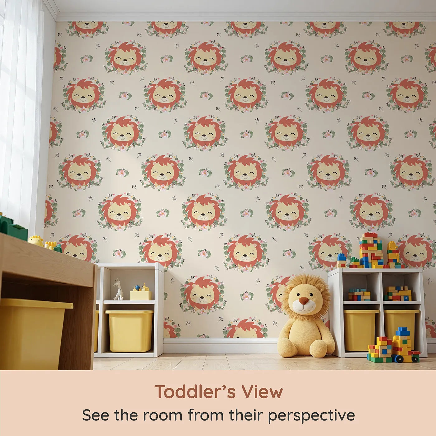 Whimsy Tots Little Lion Blossom Parade Wallpaper in Cream Delight (W3108C) from your child's view.Smiling lion cubs and pastel florals create a gentle space full of courage and calm.