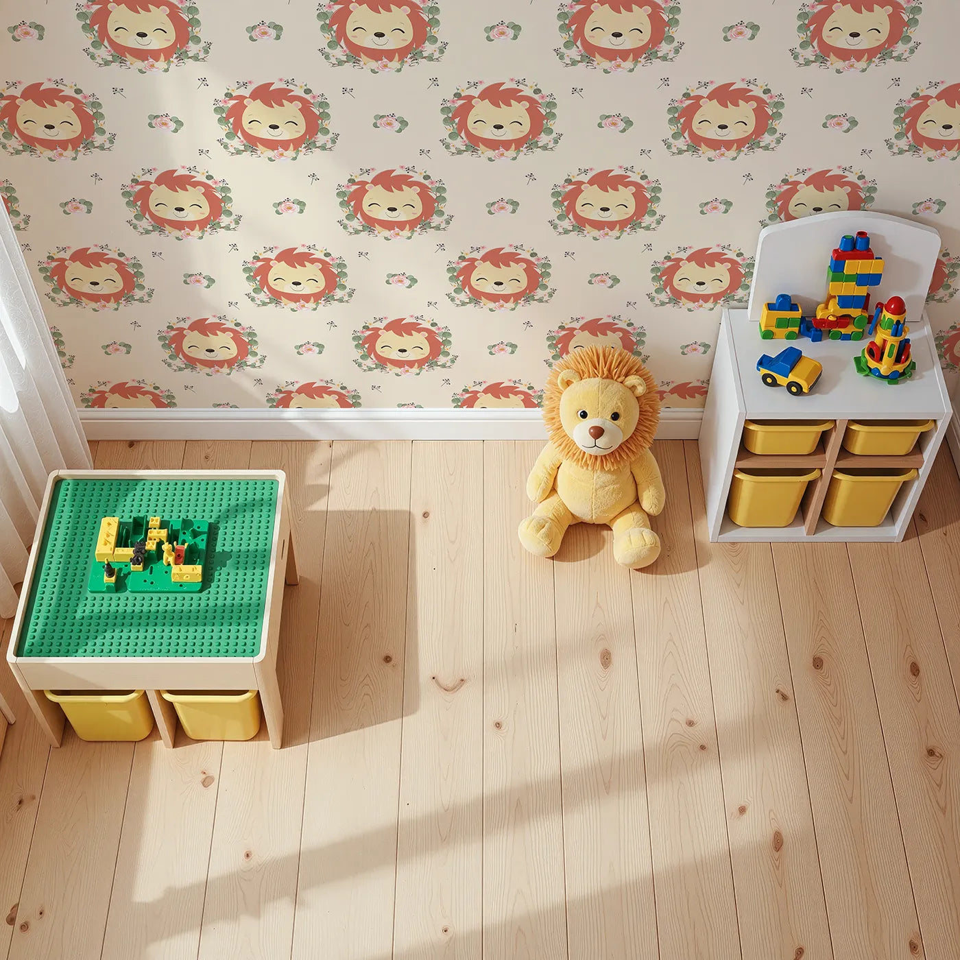 Top-Down view of Whimsy Tots' Little Lion Blossom Parade Wallpaper in Cream Delight (W3108C).Smiling lion cubs and pastel florals create a gentle space full of courage and calm.