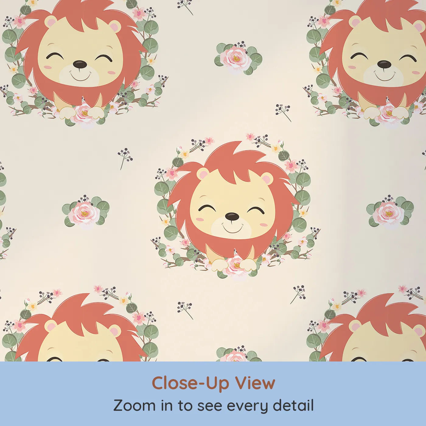 Close-up view of Whimsy Tots' Little Lion Blossom Parade Wallpaper in Cream Delight (W3108C).Smiling lion cubs and pastel florals create a gentle space full of courage and calm.