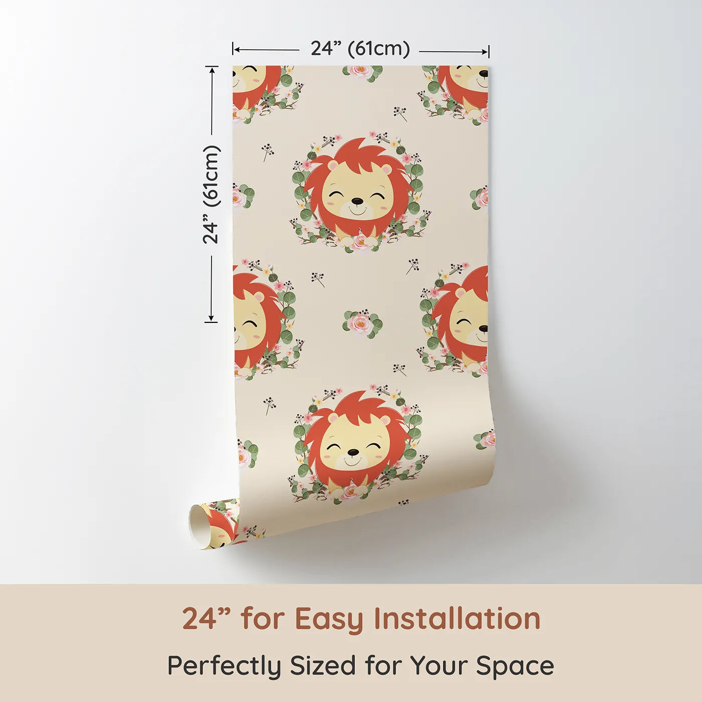 Dimension view of Whimsy Tots Little Lion Blossom Parade Wallpaper in Cream Delight (W3108C). Printed in 24-inch-wide panel for easy installation. Smiling lion cubs and pastel florals create a gentle space full of courage and calm.