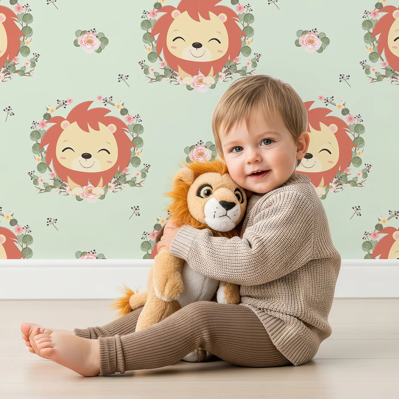 Lovely child standing in front of Whimsy Tots Little Lion Blossom Parade Wallpaper in Mint Whimsy Green with lion, flower, wreath, leaf, blossom in design.
