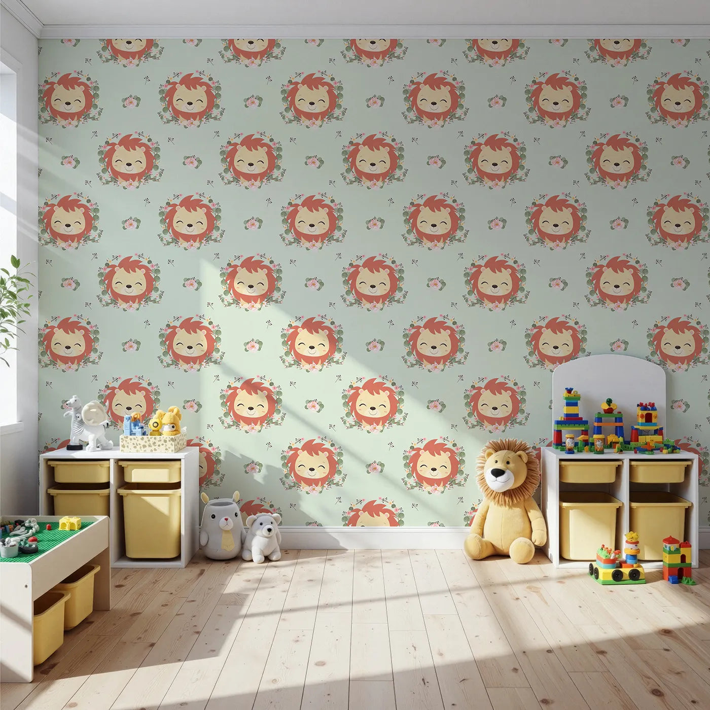 Front view of Whimsy Tots' Little Lion Blossom Parade Wallpaper in Mint Whimsy Green