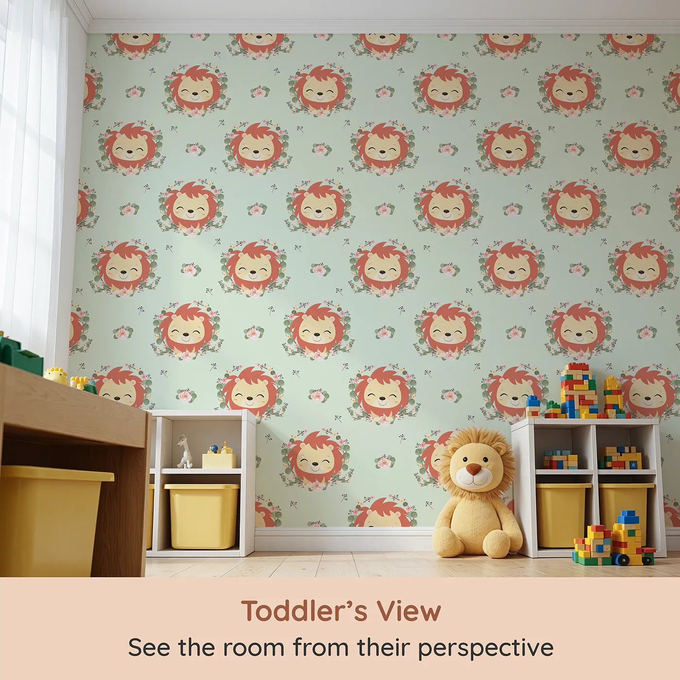 Whimsy Tots Little Lion Blossom Parade Wallpaper in Mint Whimsy Green (W3108D) from your child's view.Floral crowns and happy lion cubs turn every wall into a jungle hug.