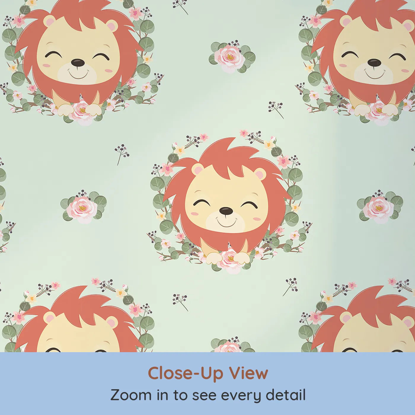Close-up view of Whimsy Tots' Little Lion Blossom Parade Wallpaper in Mint Whimsy Green (W3108D).Floral crowns and happy lion cubs turn every wall into a jungle hug.