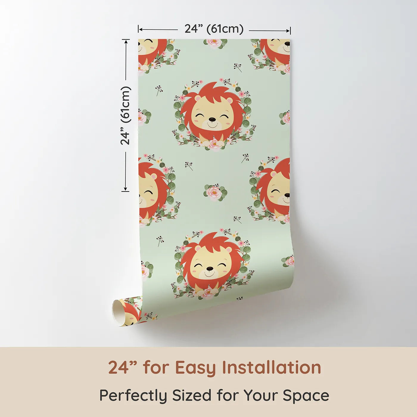 Dimension view of Whimsy Tots Little Lion Blossom Parade Wallpaper in Mint Whimsy Green (W3108D). Printed in 24-inch-wide panel for easy installation. Floral crowns and happy lion cubs turn every wall into a jungle hug.