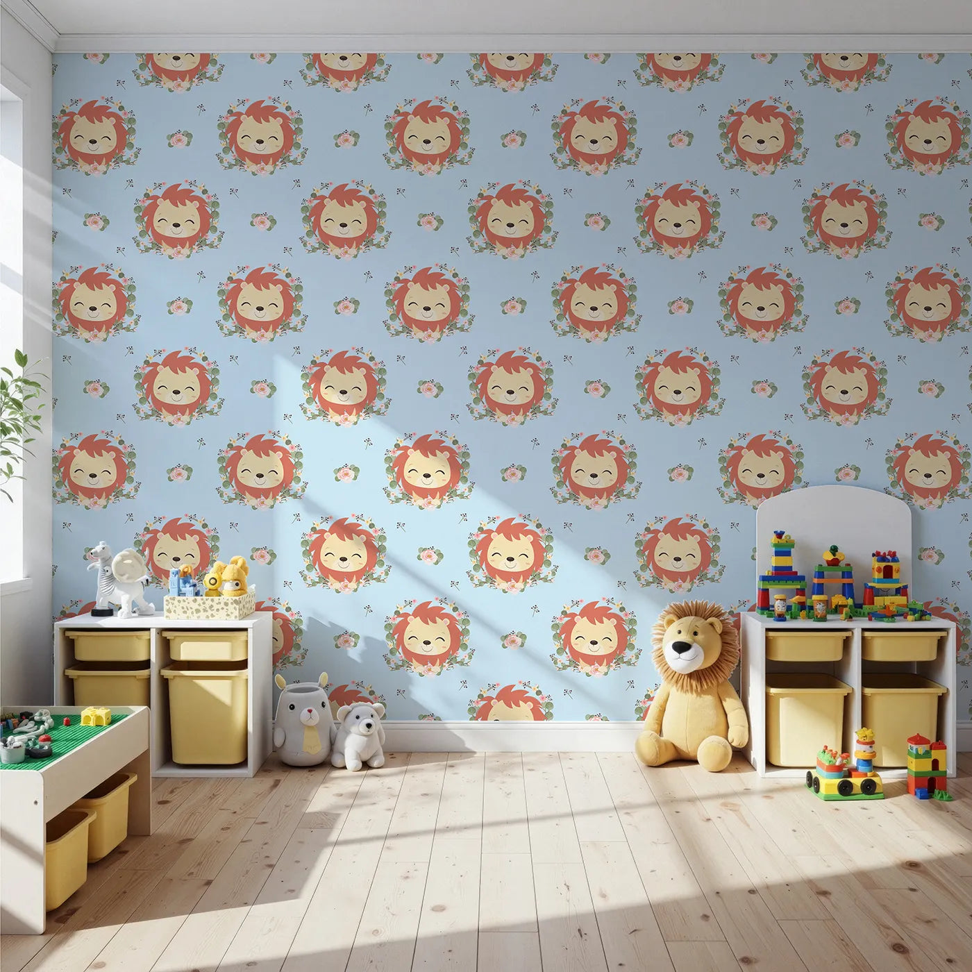 Front view of Whimsy Tots' Little Lion Blossom Parade Wallpaper in Sky Blue