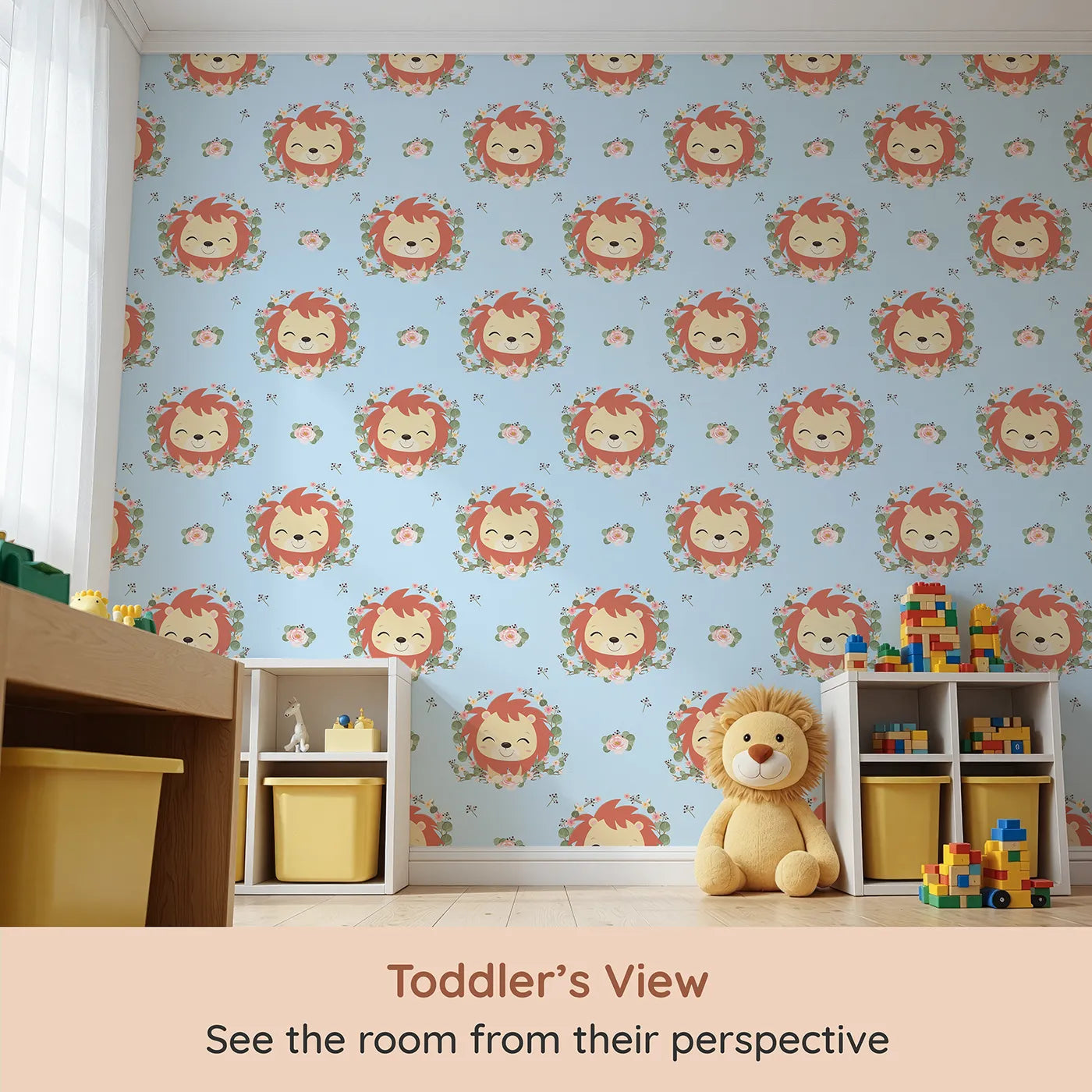 Whimsy Tots Little Lion Blossom Parade Wallpaper in Sky Blue (W3108E) from your child's view.Cheerful lion cubs and floral wreaths bloom over soft blue skies.
