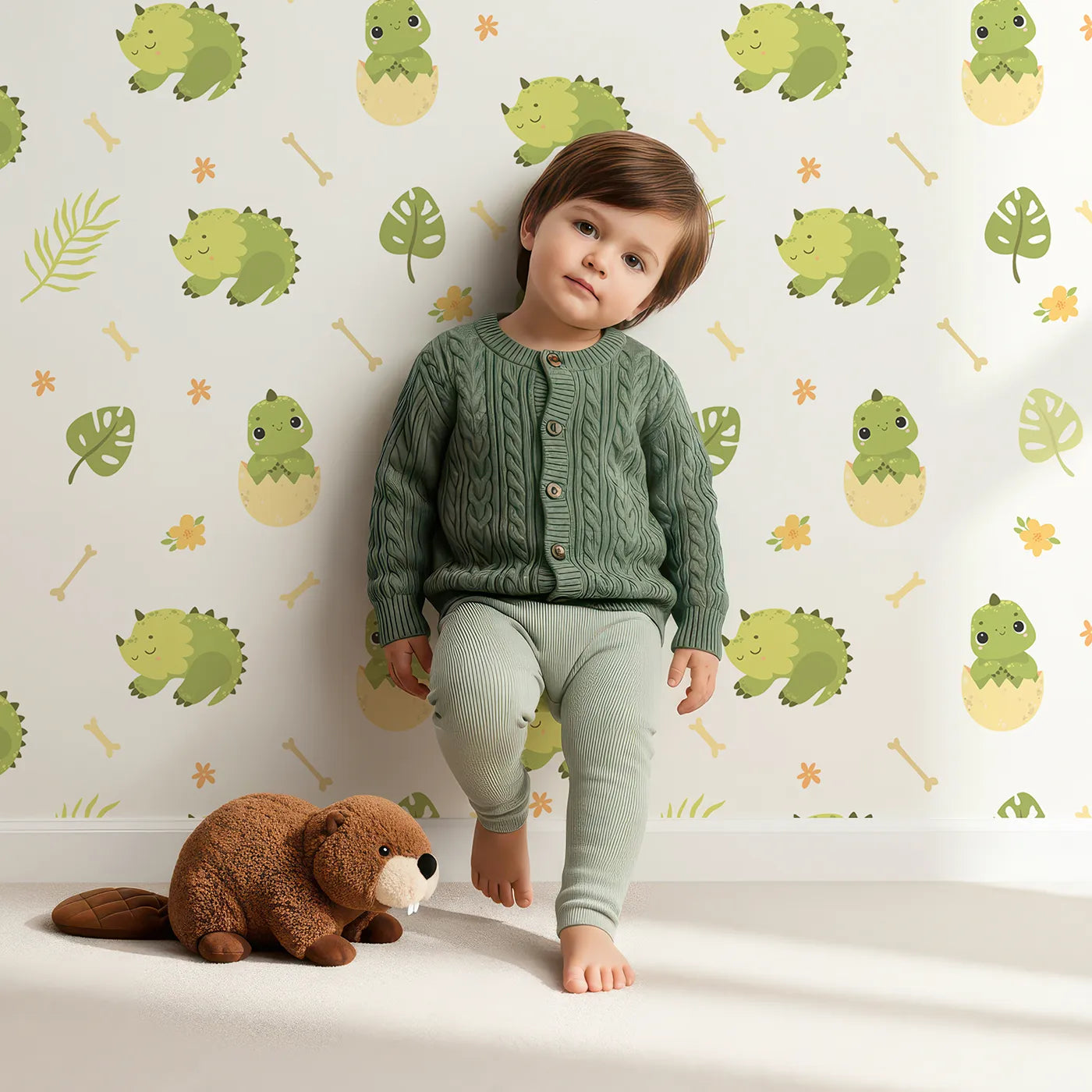Lovely child standing in front of Whimsy Tots Hatching Dino Friends Wallpaper in Leafy Green with dinosaur, egg, bone, leaf, flower in design.