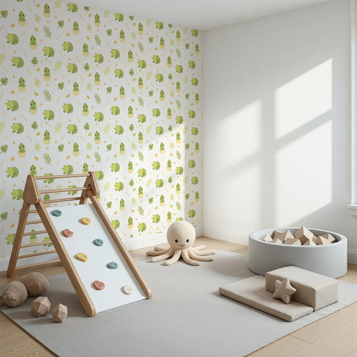 Angled view of Whimsy Tots' Hatching Dino Friends Wallpaper in Leafy Green (W3109A).Happy baby dinos peek out from their eggs in a forest of fun.