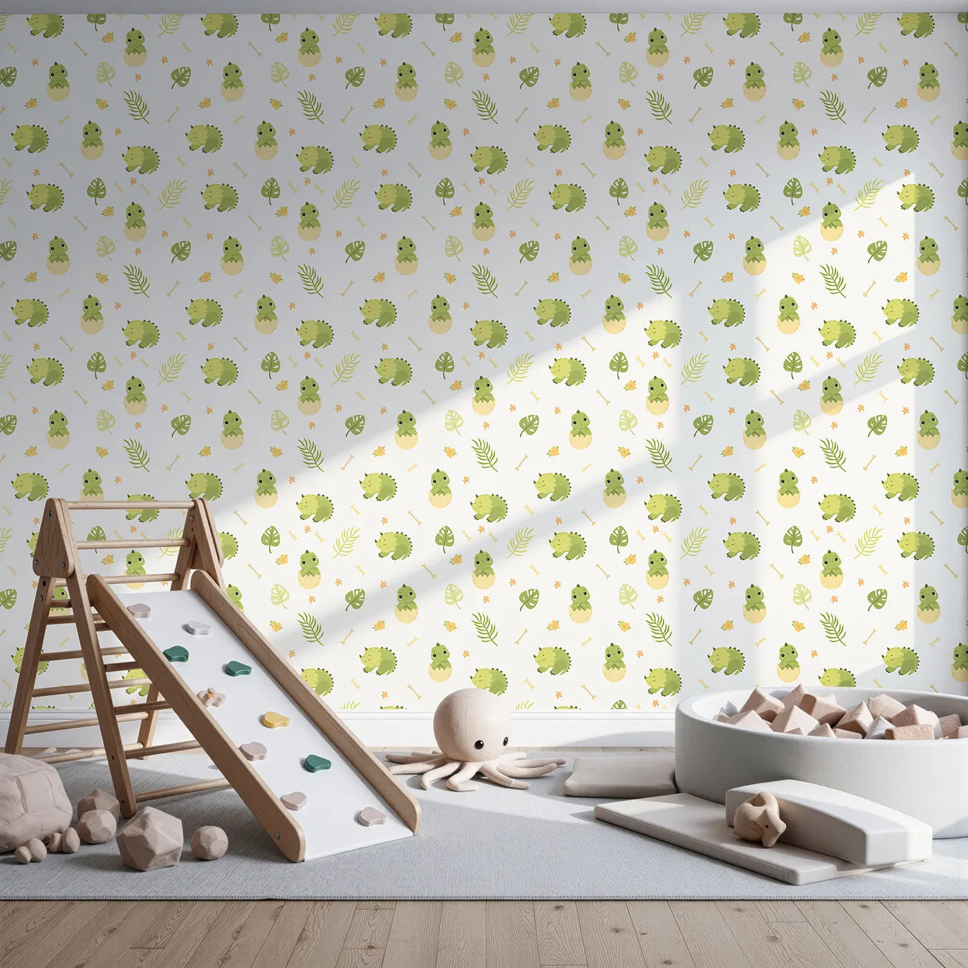 Front view of Whimsy Tots' Hatching Dino Friends Wallpaper in Leafy Green