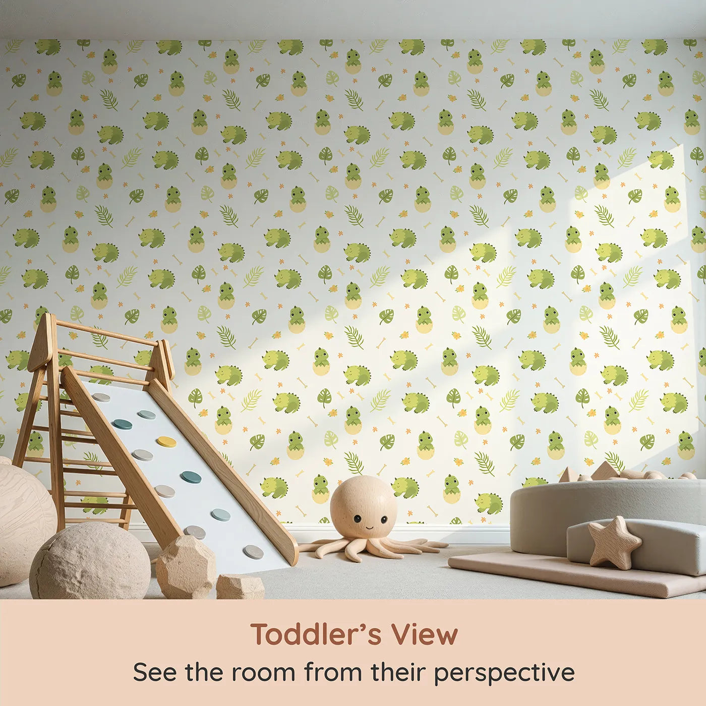Whimsy Tots Hatching Dino Friends Wallpaper in Leafy Green (W3109A) from your child's view.Happy baby dinos peek out from their eggs in a forest of fun.