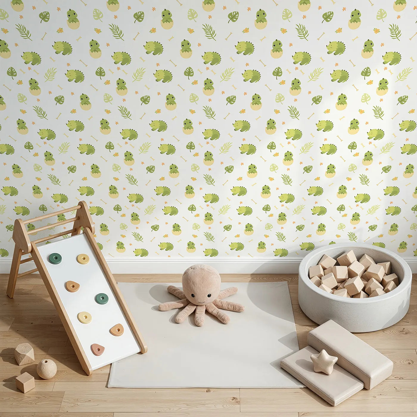 Top-Down view of Whimsy Tots' Hatching Dino Friends Wallpaper in Leafy Green (W3109A).Happy baby dinos peek out from their eggs in a forest of fun.