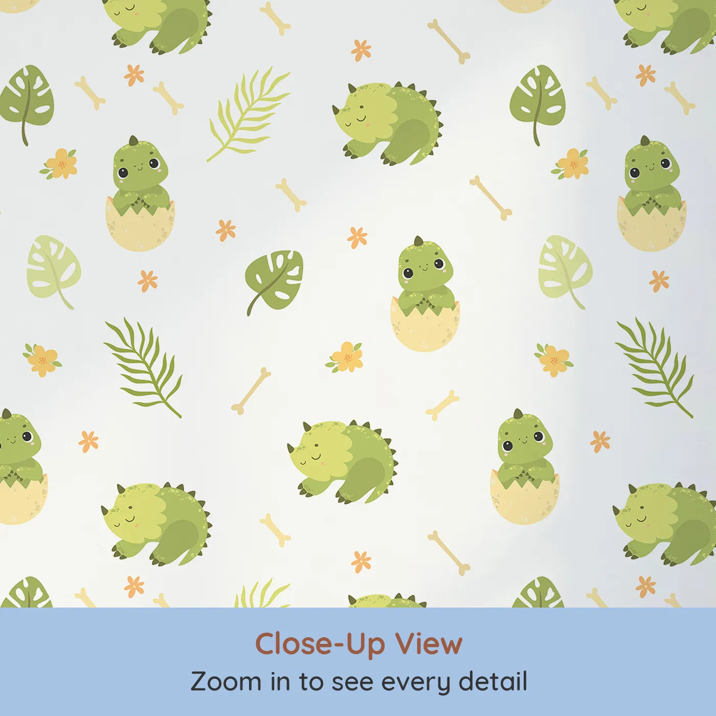 Close-up view of Whimsy Tots' Hatching Dino Friends Wallpaper in Leafy Green (W3109A).Happy baby dinos peek out from their eggs in a forest of fun.