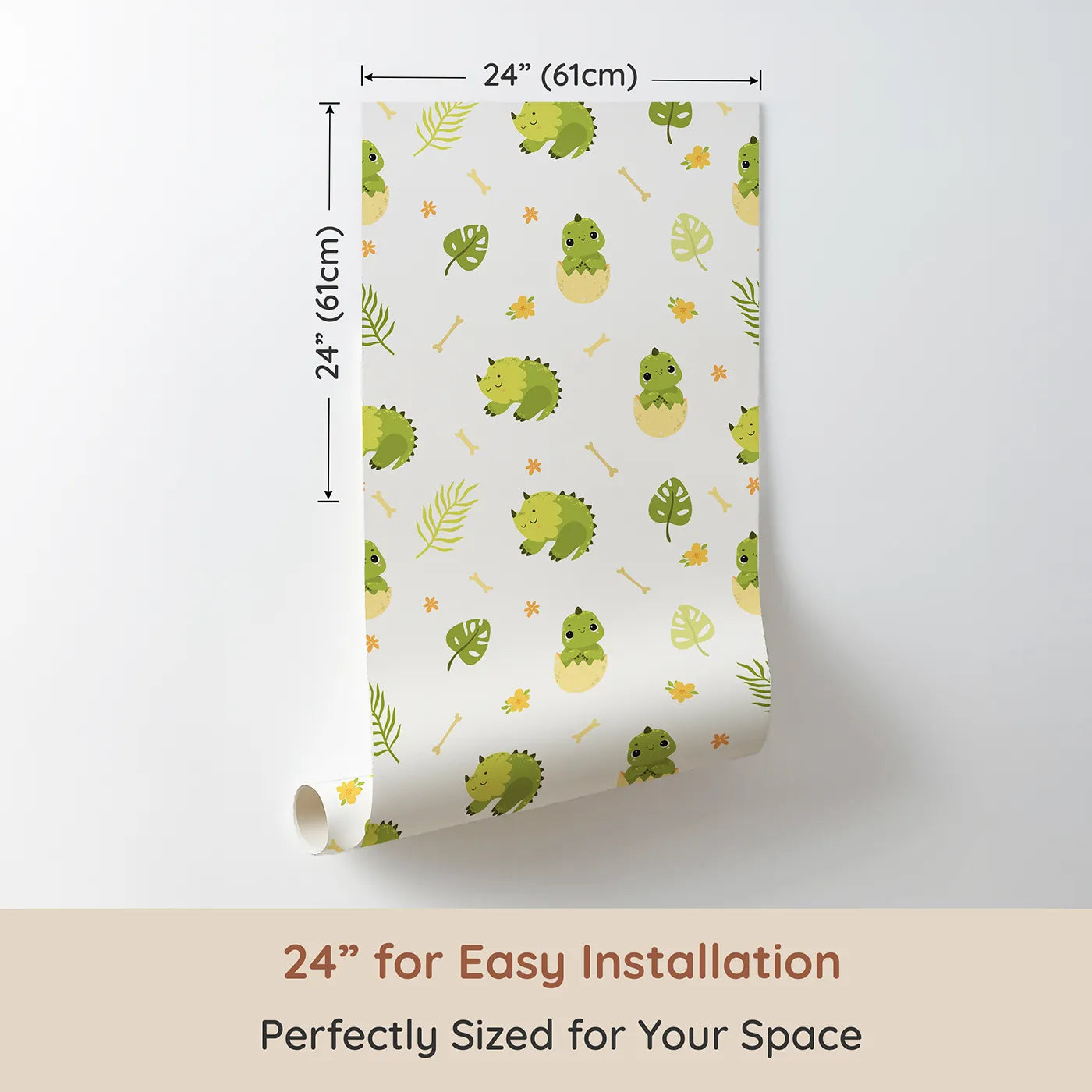 Dimension view of Whimsy Tots Hatching Dino Friends Wallpaper in Leafy Green (W3109A). Printed in 24-inch-wide panel for easy installation. Happy baby dinos peek out from their eggs in a forest of fun.