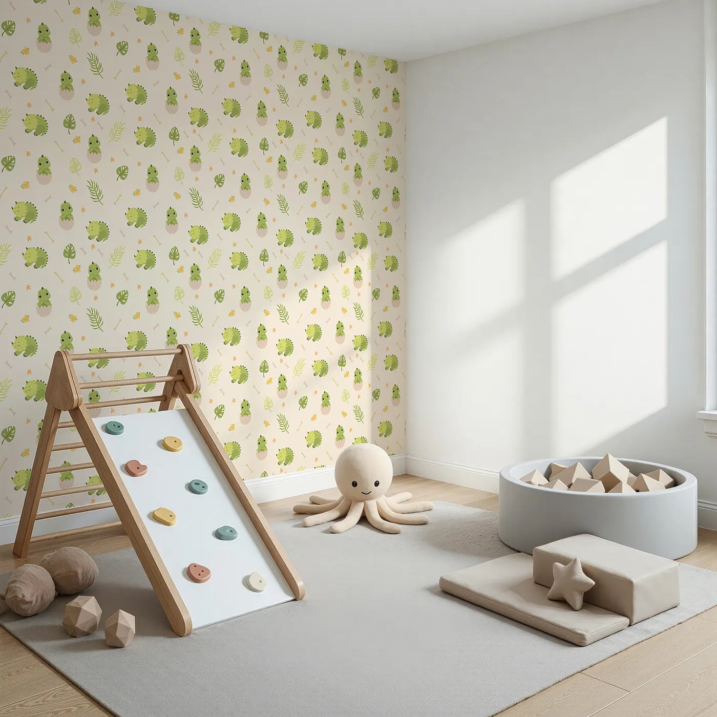 Angled view of Whimsy Tots' Hatching Dino Friends Wallpaper in Warm Cream (W3109B).Baby dinosaurs and leafy greens make every day a gentle adventure.