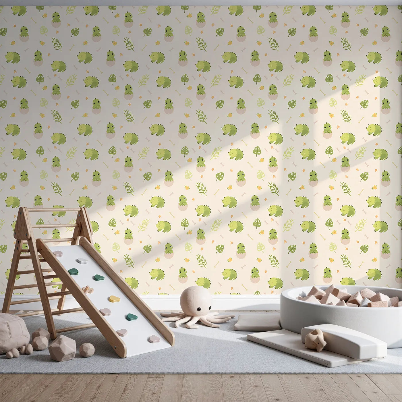Front view of Whimsy Tots' Hatching Dino Friends Wallpaper in Warm Cream