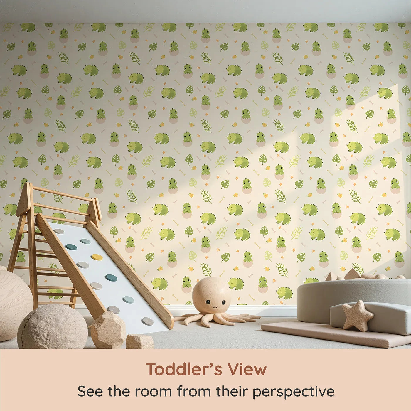 Whimsy Tots Hatching Dino Friends Wallpaper in Warm Cream (W3109B) from your child's view.Baby dinosaurs and leafy greens make every day a gentle adventure.