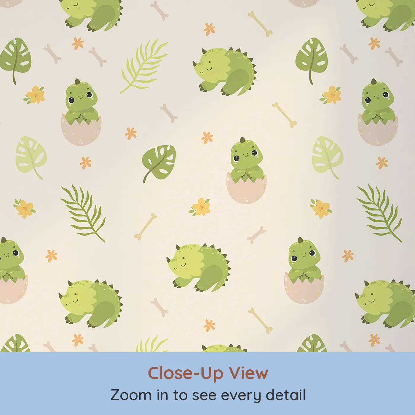 Close-up view of Whimsy Tots' Hatching Dino Friends Wallpaper in Warm Cream (W3109B).Baby dinosaurs and leafy greens make every day a gentle adventure.