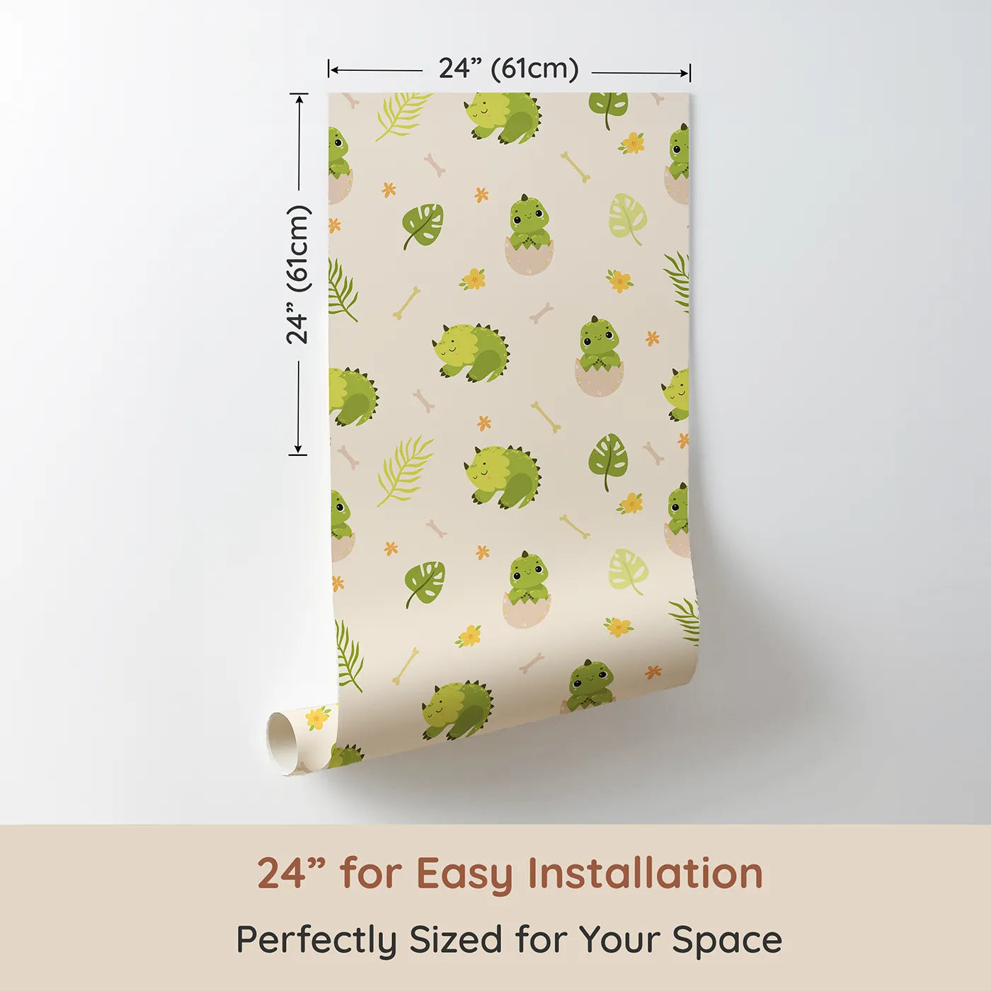 Dimension view of Whimsy Tots Hatching Dino Friends Wallpaper in Warm Cream (W3109B). Printed in 24-inch-wide panel for easy installation. Baby dinosaurs and leafy greens make every day a gentle adventure.