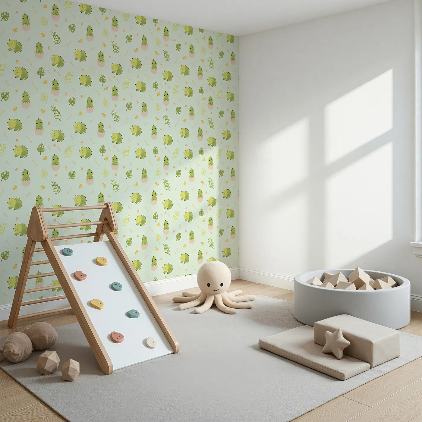 Angled view of Whimsy Tots' Hatching Dino Friends Wallpaper in Mint Meadow Green (W3109C).Leafy greens and baby dinos bring soft adventure to every wall.