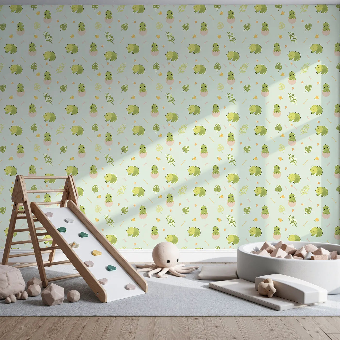 Front view of Whimsy Tots' Hatching Dino Friends Wallpaper in Mint Meadow Green